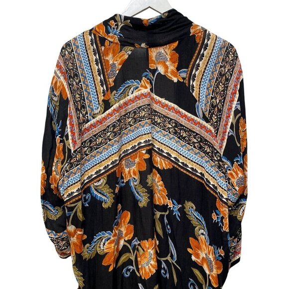 AQUA Boho Duster Size Small Black Floral Kimono Womens Open Front Top Shrug - Picture 7 of 9